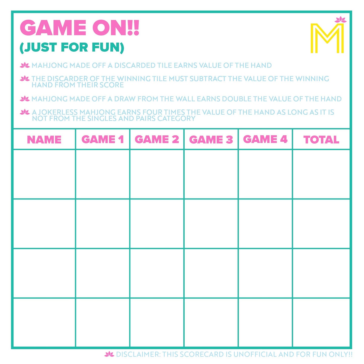 MAHJONG SCORECARD NOTEPAD WITH RULES: LIGHT BLUE/PINK