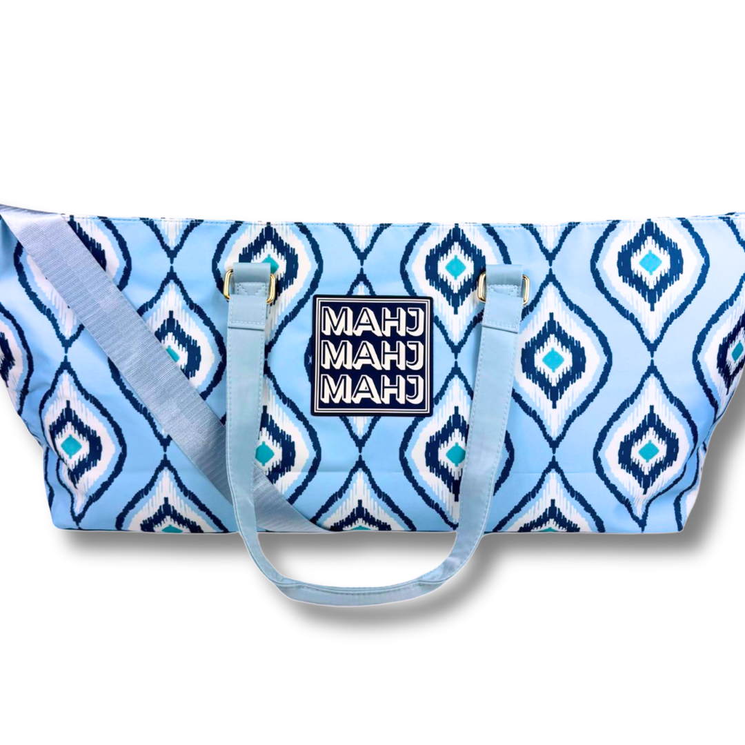 MAHJONG TOTE BAG  |  Wide with Zipper Closure: IKAT-Blue Tote Bag