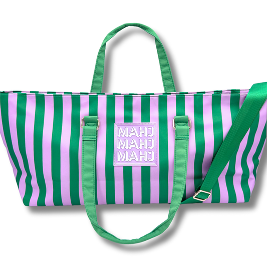 MAHJONG TOTE BAG  |  Wide with Zipper Closure: Stripes- Purple & Green Tote Bag
