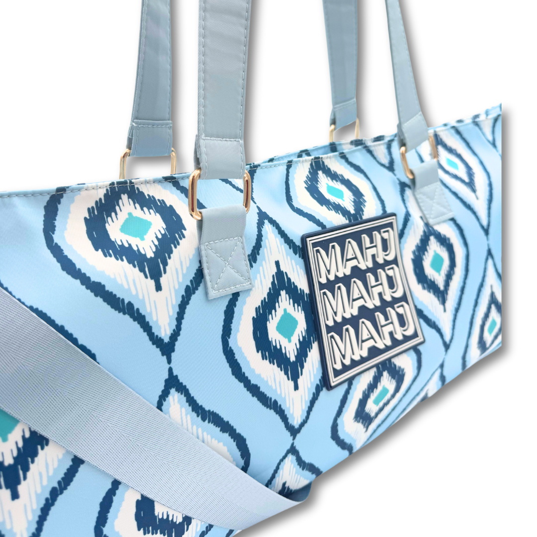 MAHJONG TOTE BAG  |  Wide with Zipper Closure: IKAT-Blue Tote Bag