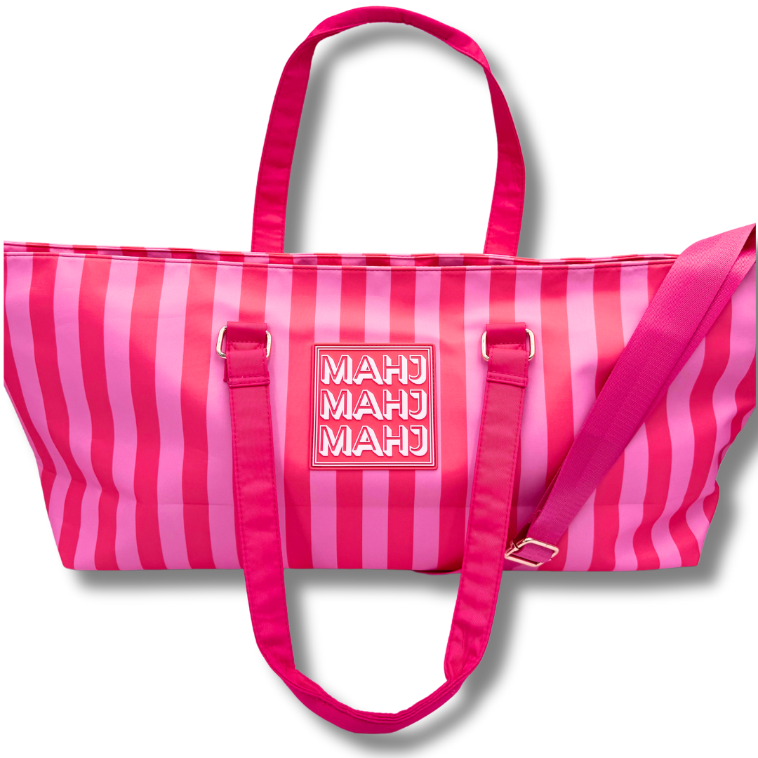 MAHJONG TOTE BAG  |  Wide with Zipper Closure: Stripes- Purple & Green Tote Bag