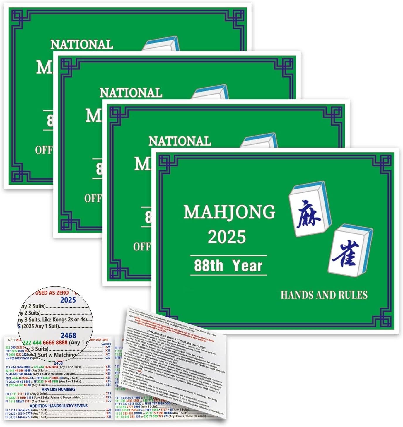 Recreational 2025 Mahjong Hands and Rules Cards, 4 Pcs，Mahjong Rule Card,Mahjong Card