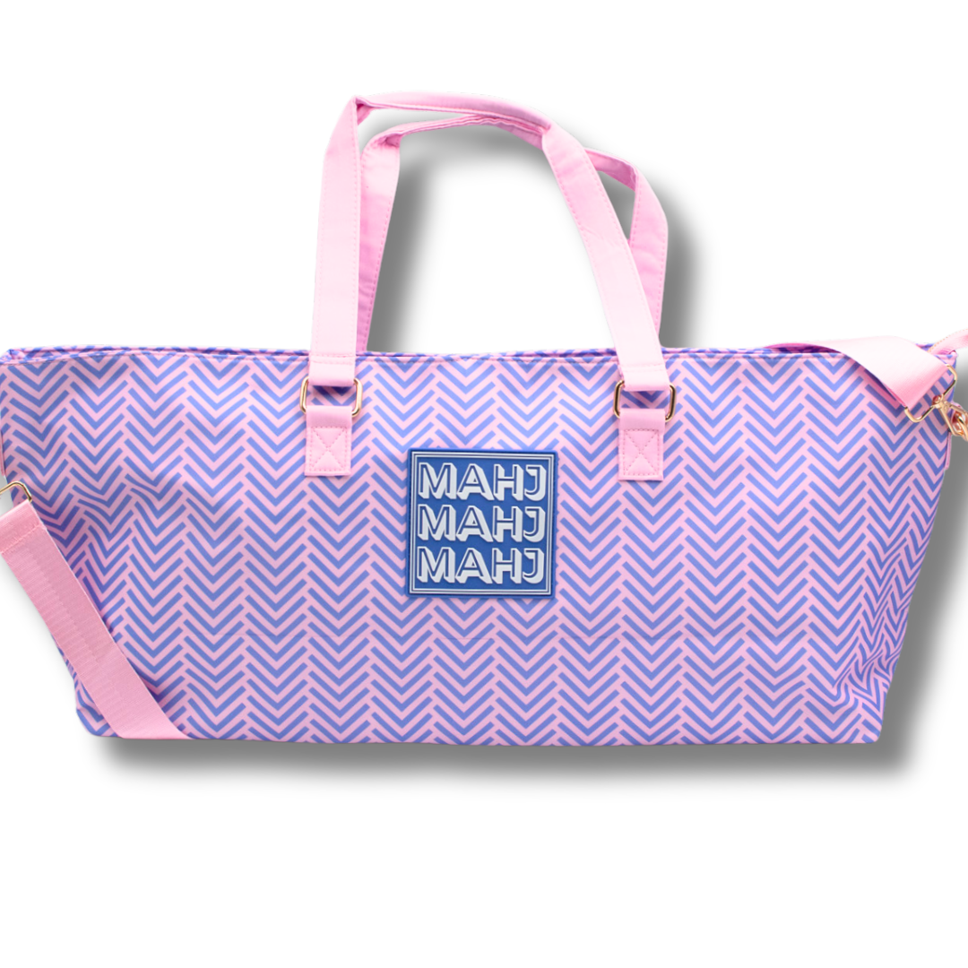 MAHJONG TOTE BAG  |  Wide with Zipper Closure: Stripes- Purple & Green Tote Bag