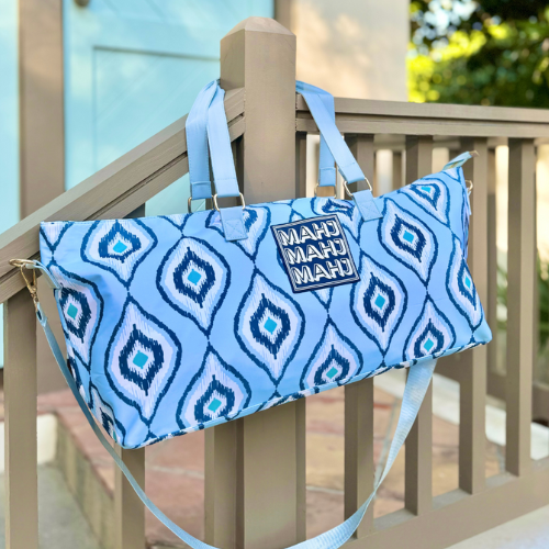 MAHJONG TOTE BAG  |  Wide with Zipper Closure: IKAT-Blue Tote Bag