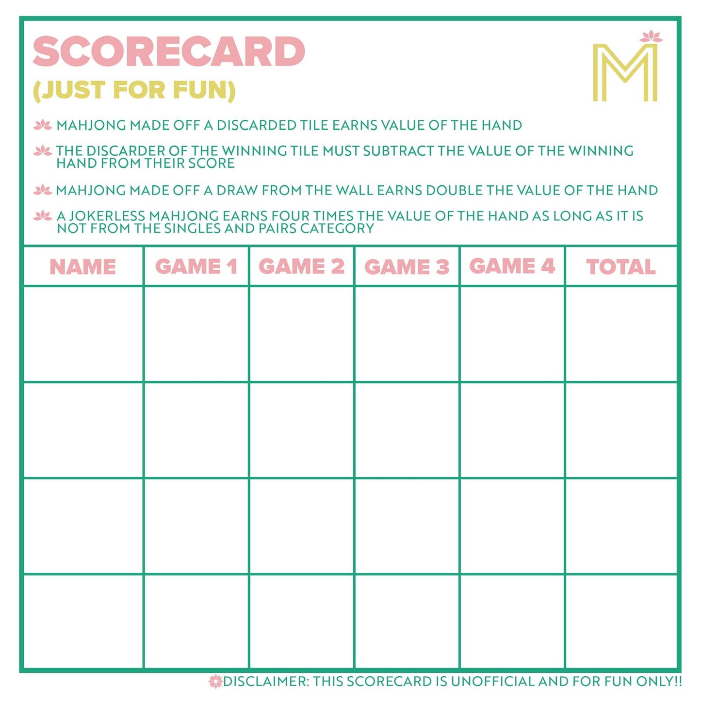 MAHJONG SCORECARD NOTEPAD WITH RULES: LIGHT BLUE/PINK
